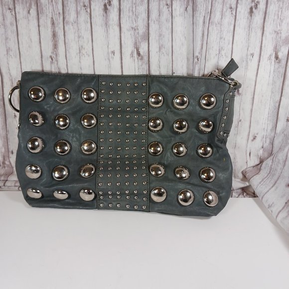 Hananel Gunmetal Gray Silver Studded Shoulder Bag Purse - Picture 1 of 8